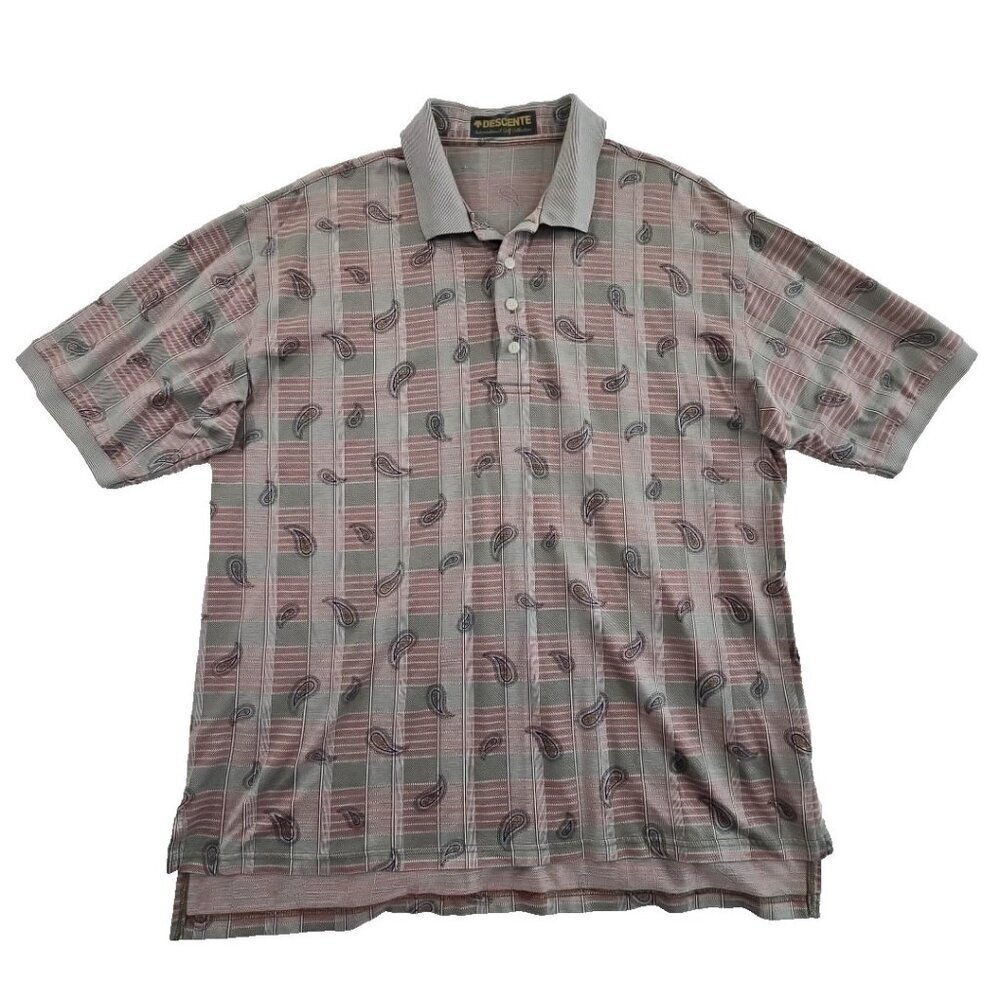 Descente International Collection Golf Polo Shirt Men's XL Grey Red Paisley‎ EUC